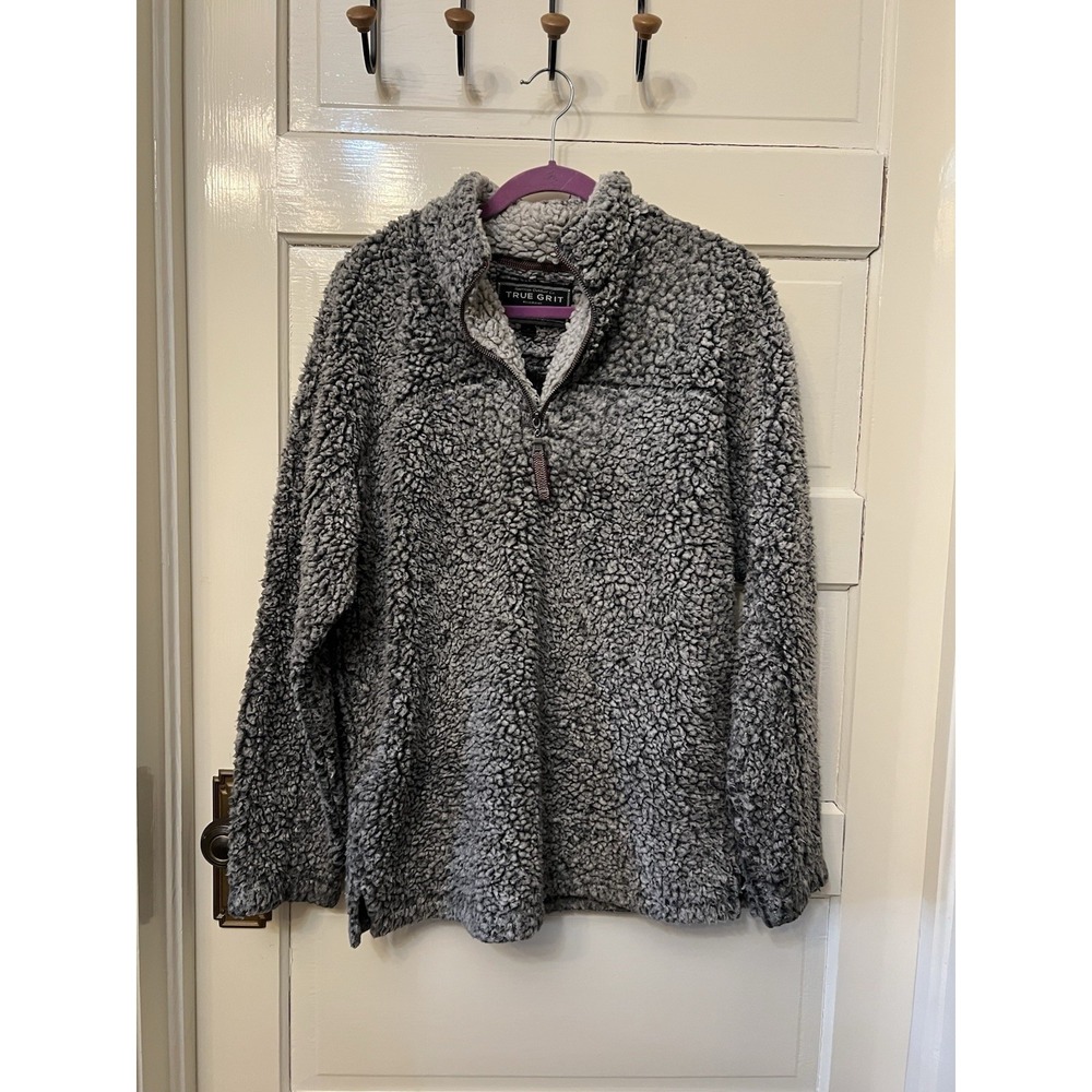 True Grit Frosty Tipped Sherpa Fleece Quarter Zip Pullover Gray Womens Medium